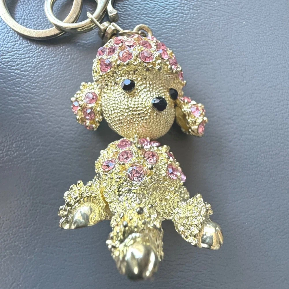 Gold Pink Rhinestone Poodle Keychain Dog Bag Charm Lobster Claw Clasp Accessory